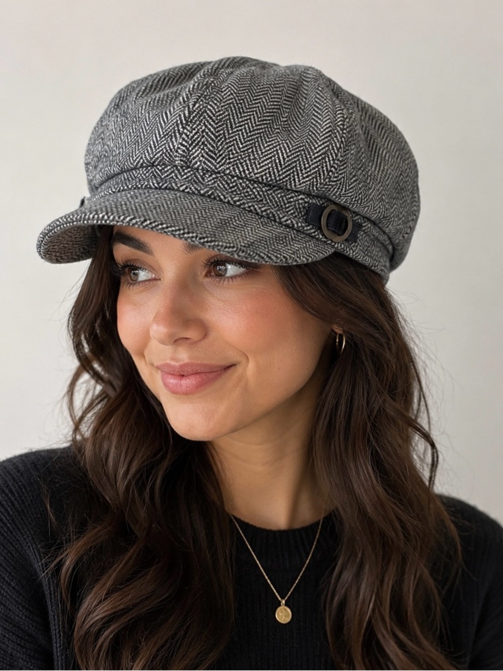Gray Herringbone Wool Blend Newsboy Hat Adjustable Cabbie Cap